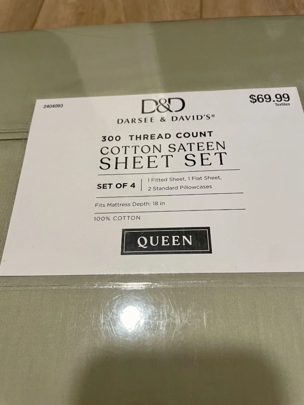 Darsee & David's 300 Thread Count Cotton Sateen Sheet Set Queen Size Sage Green
